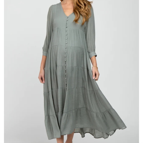 Pinkblush In Loom Light Olive Button Front Tiered A-line Maternity Maxi Dress S - Picture 1 of 4